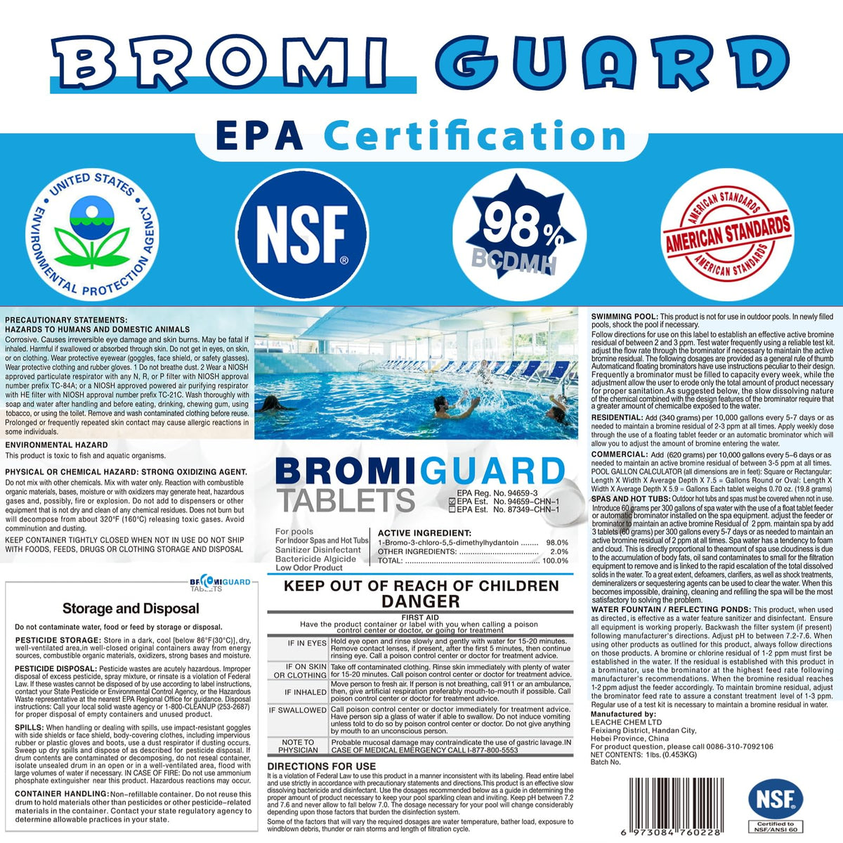 BROMIGUARD bromine tablets close-up showing 98% active ingredients for hot tubs