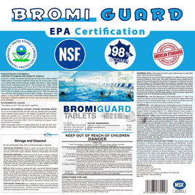 BROMIGUARD bromine tablets close-up showing 98% active ingredients for hot tubs