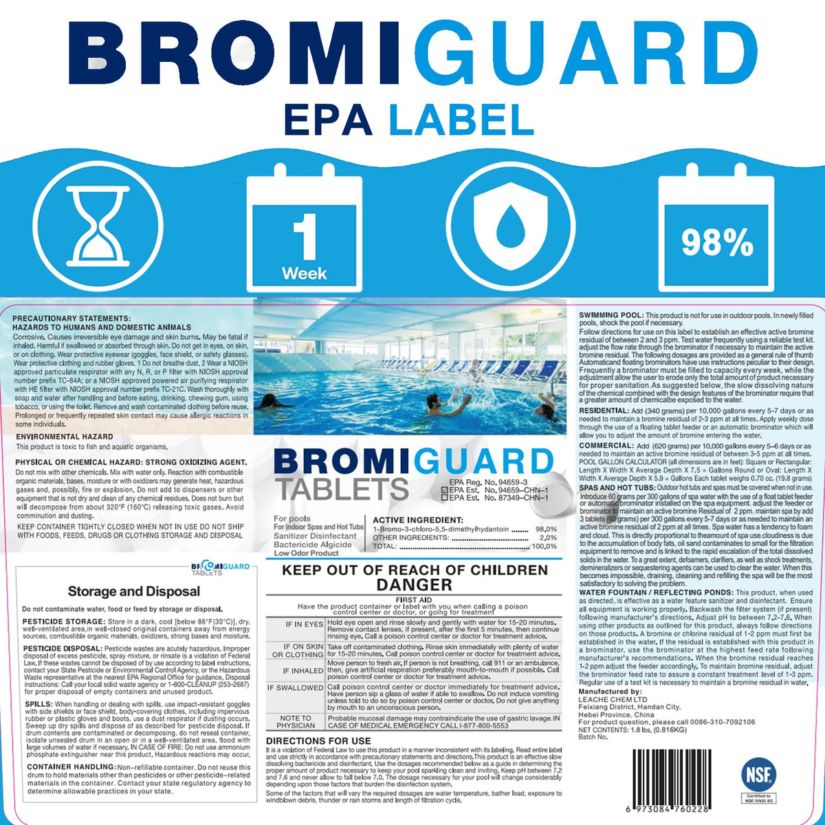 BROMIGUARD bromine tablets in dispenser illustrate easy, mess-free dosing.