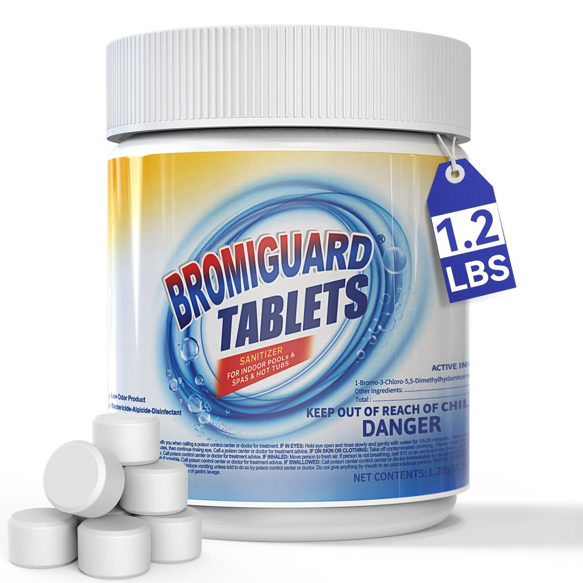 BROMIGUARD bromine tablets in a spa dispenser provide steady sanitation for hot tubs.