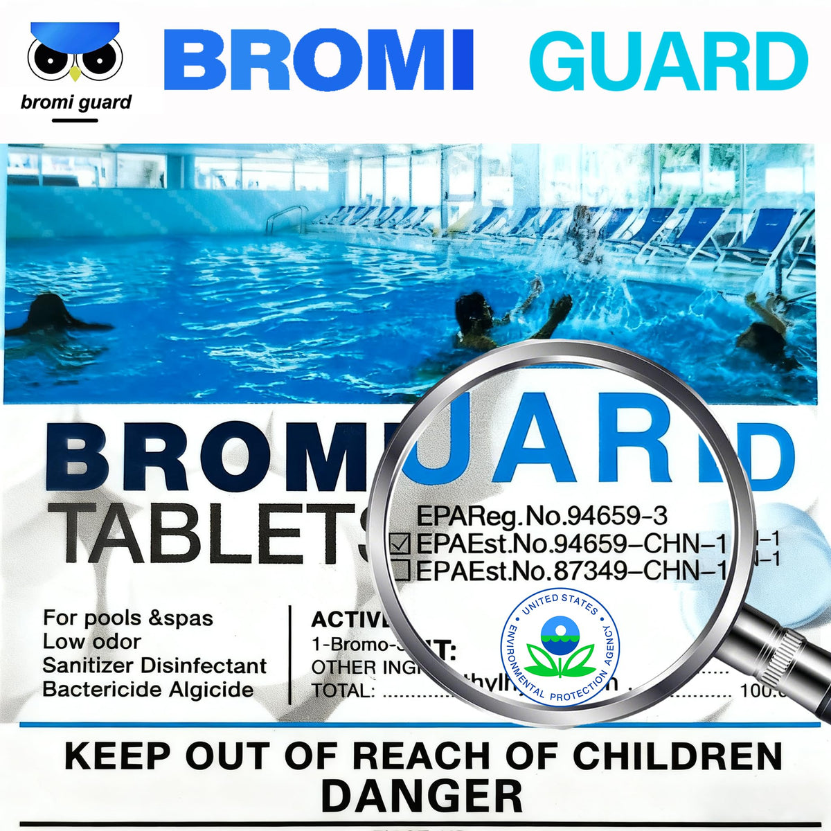 BROMIGUARD hot tub sanitizer bottle demonstrates easy dosing and consistent water quality.