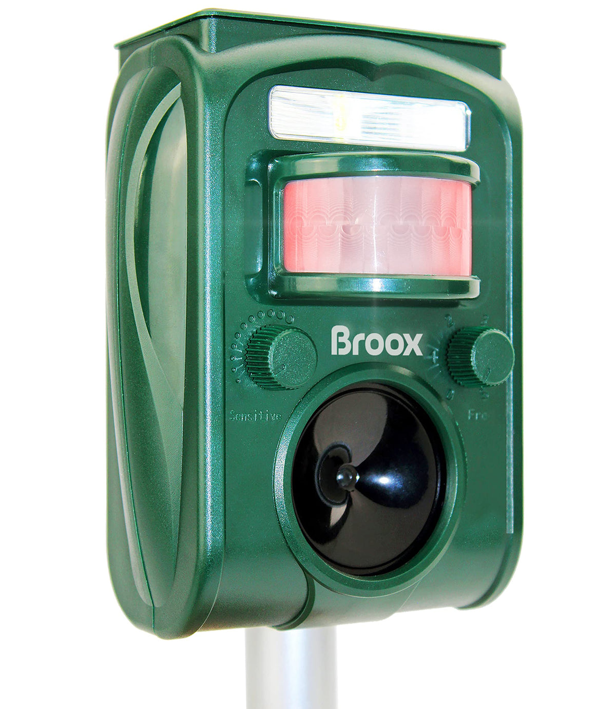 Broox solar animal repellent outdoor image shows a weatherproof unit guarding a garden against wildlife.