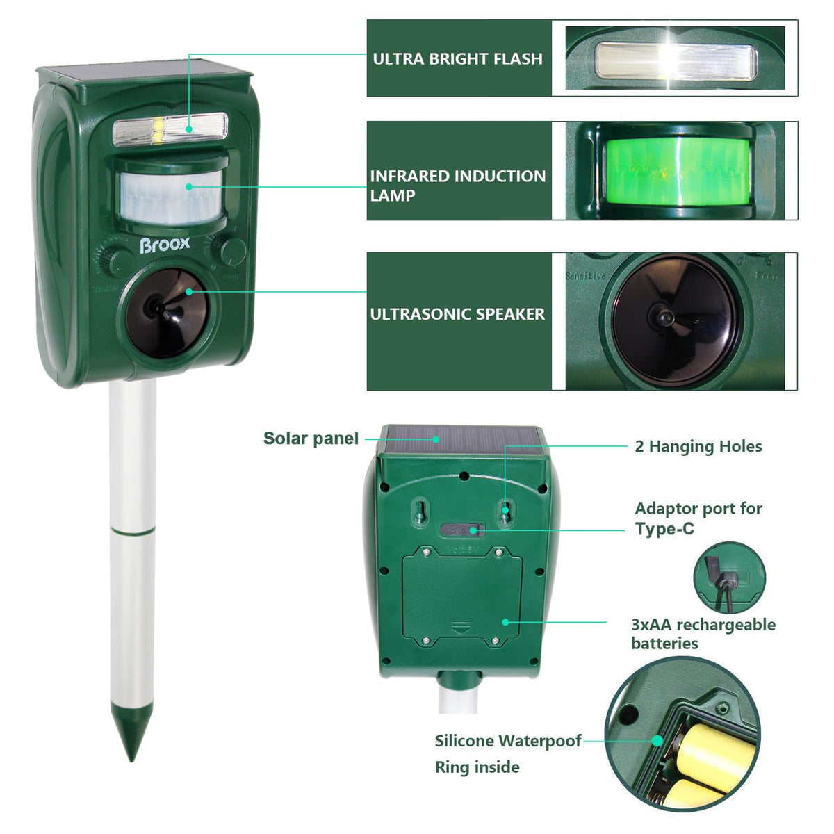 Broox solar animal repellent waterproof IP65 image emphasizes weatherproof construction.