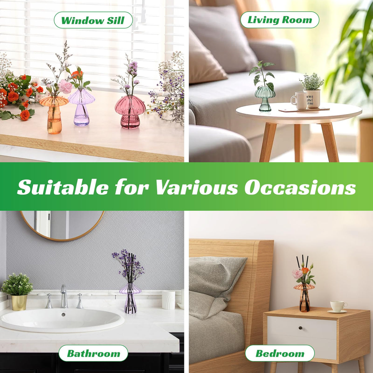 BROPGOD mushroom glass vase filled with water for easy plant care.