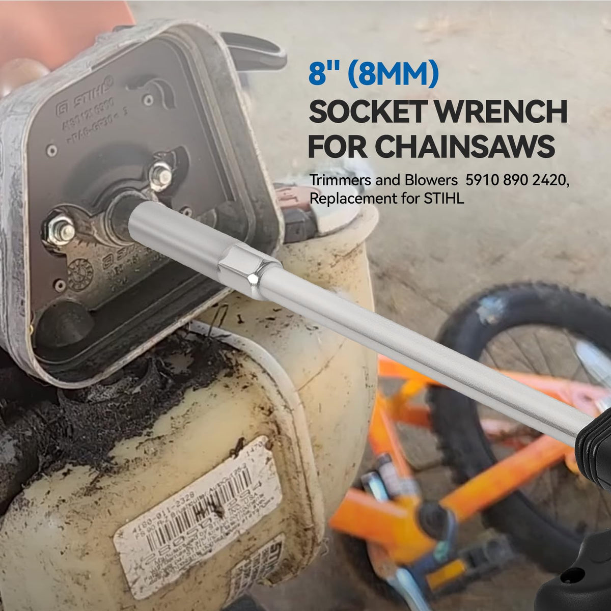 BROQIXIN 8mm socket wrench side view, rugged build for STIHL tasks.