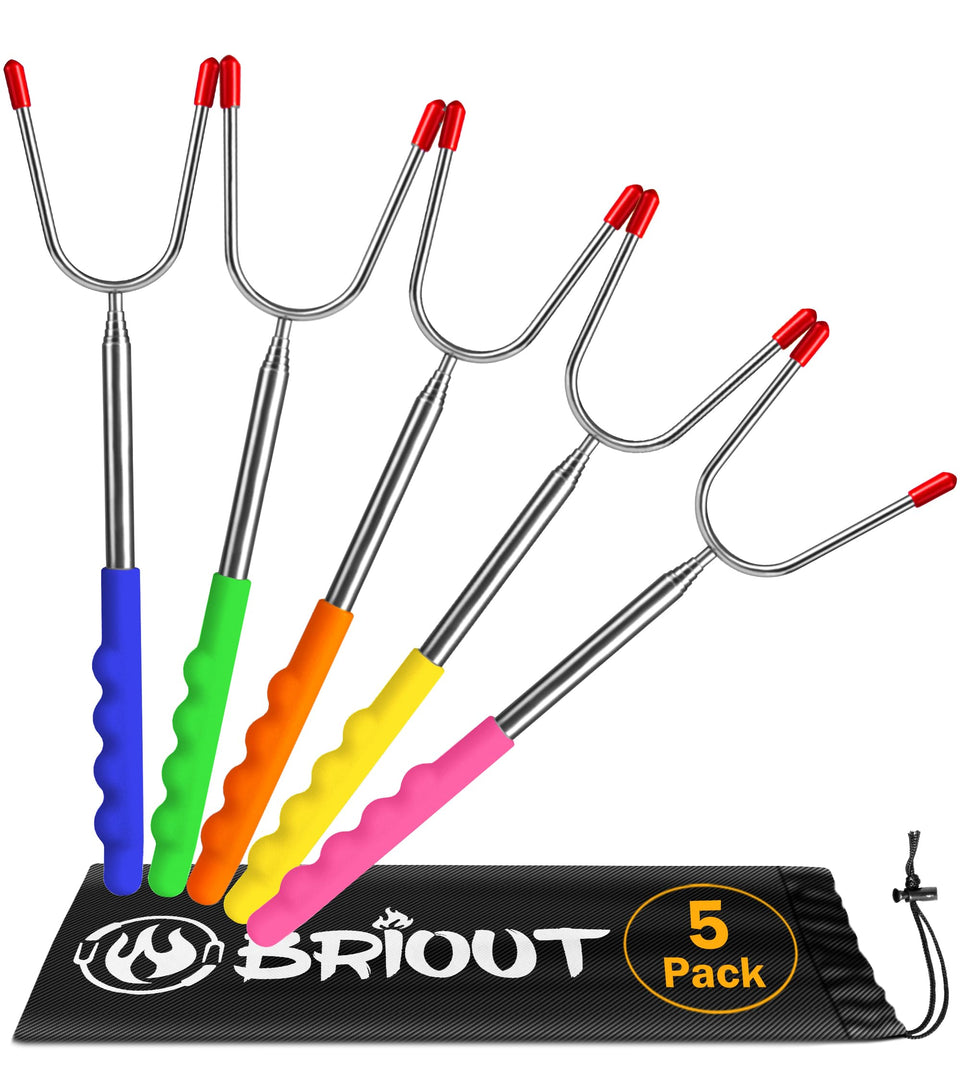 BRIOUT extendable roasting sticks with a 45-inch reach for safe campfire cooking.