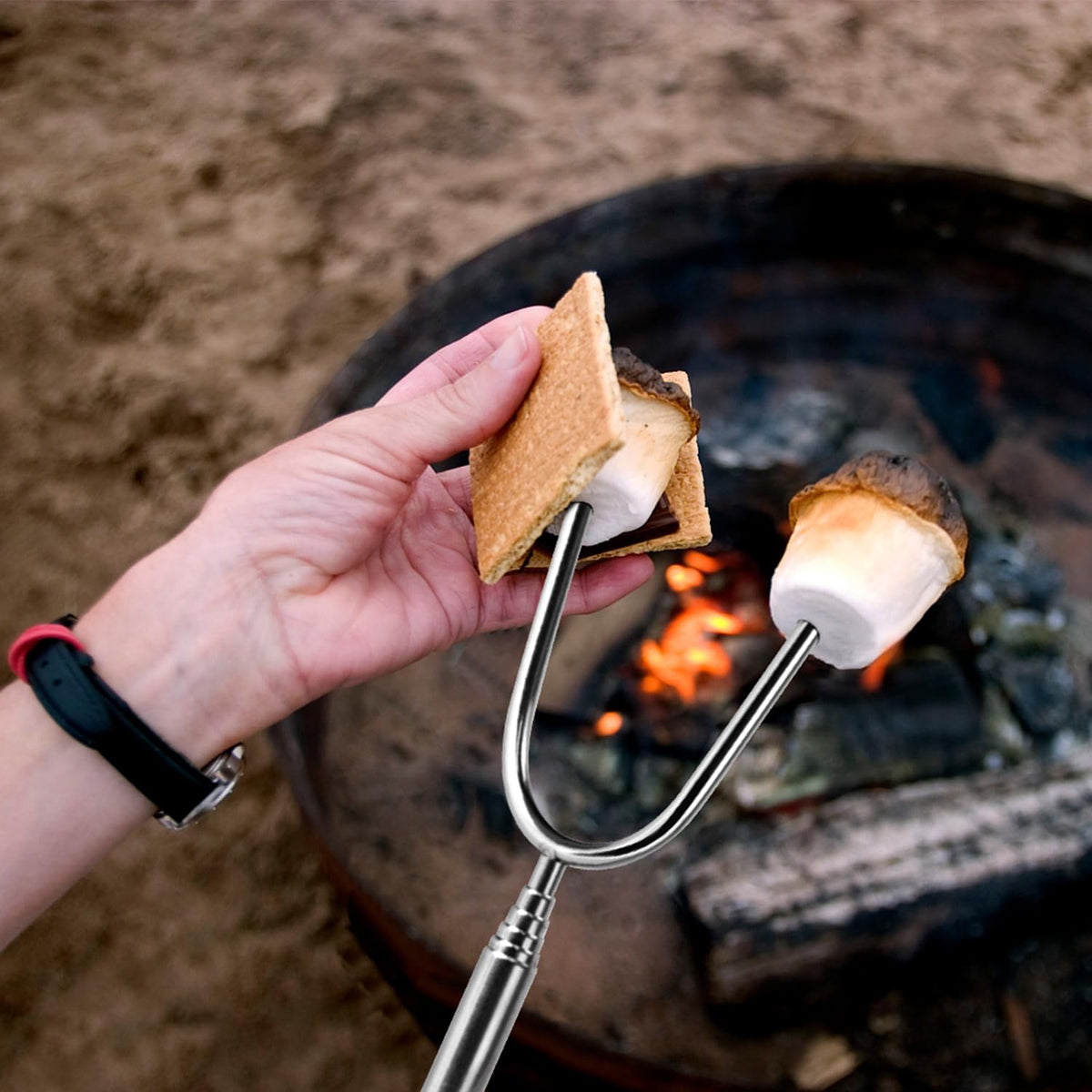 BRIOUT roasting sticks with multicolor handles for easy sharing during s'mores.