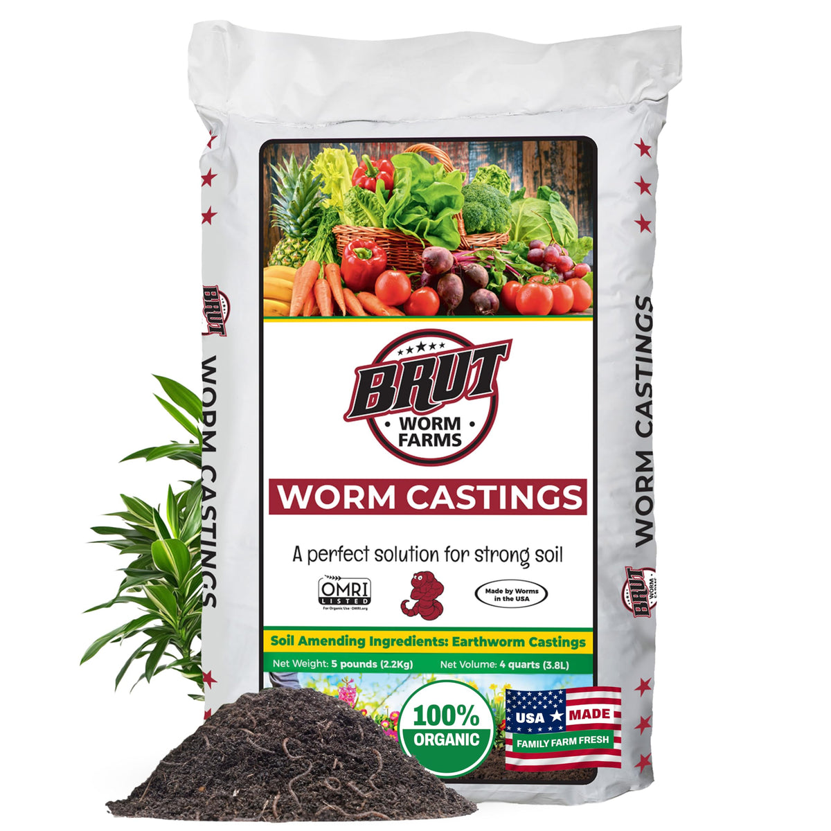 Brut Worm Farms 5lb bag of organic worm castings for healthy soil and thriving plants.