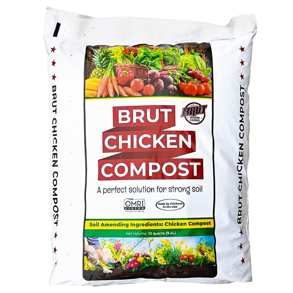 BRUT Worm Farms Brut Chicken Compost 10-qt bag, odor-free soil enhancer for gardens.