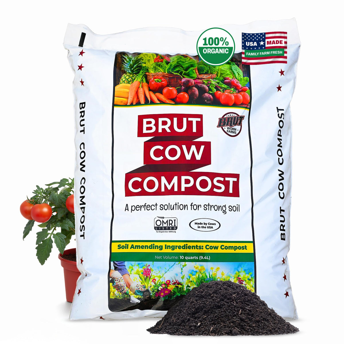 BRUT WORM FARMS cow compost bag front view showing nutrient-rich soil amendment.