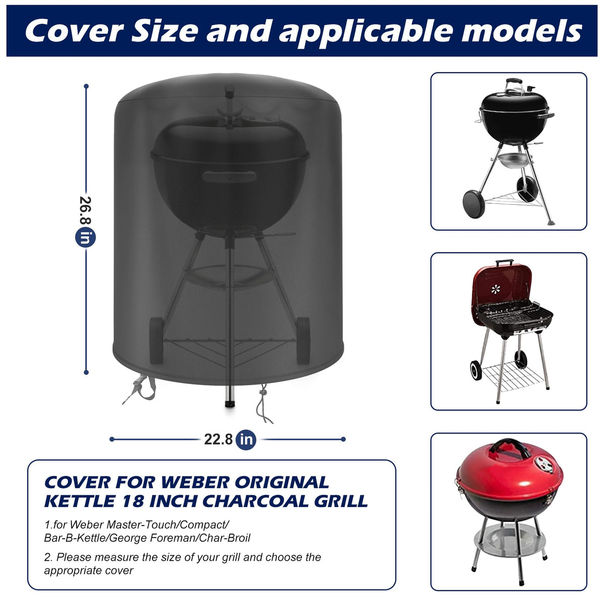 bruwaa Weber 18-inch charcoal kettle grill cover with adjustable drawstrings secures tightly in wind