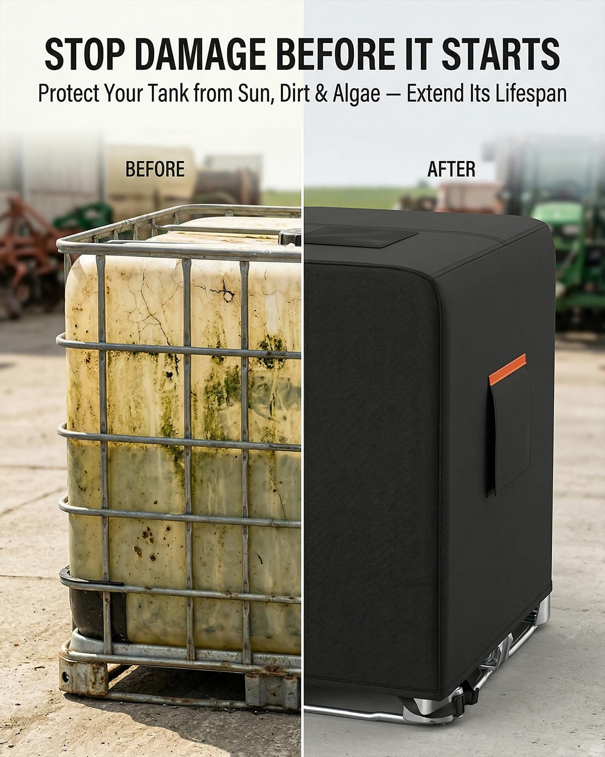 BRUXOLAY IBC tote cover side zipper for quick water-level checks.