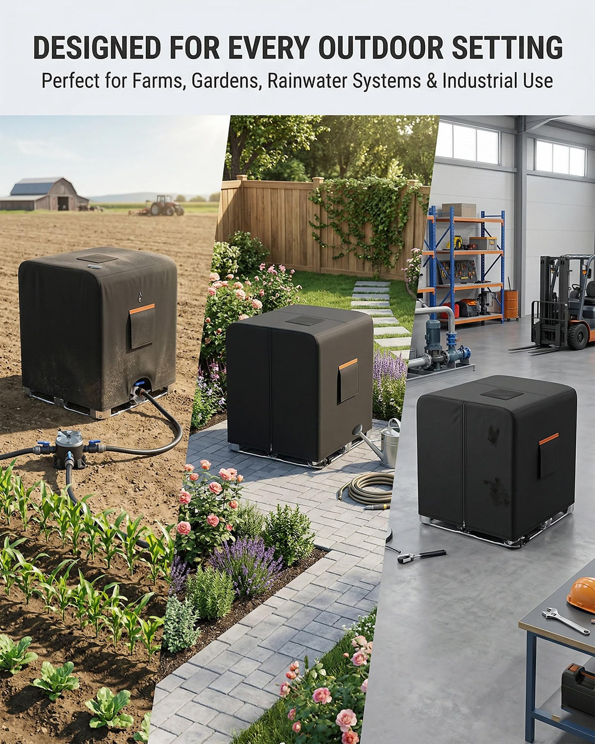 All-weather BRUXOLAY IBC tote cover ready for outdoor use.