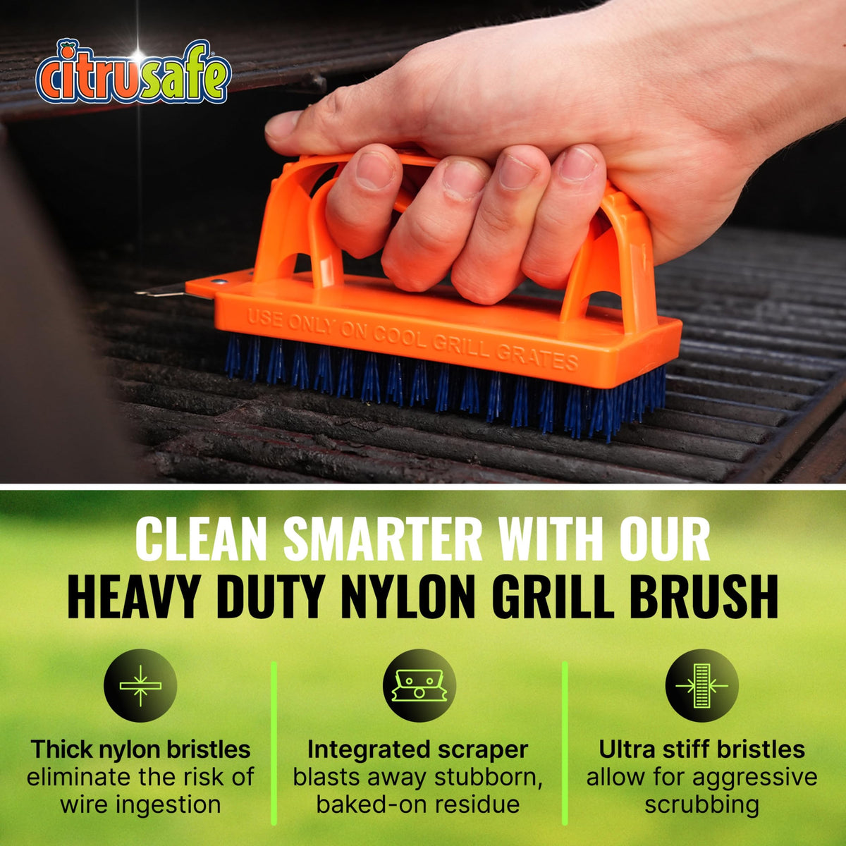 Bryson Brothers CitruSafe cookbox scraper reaches tight areas for thorough cool-grill cleaning