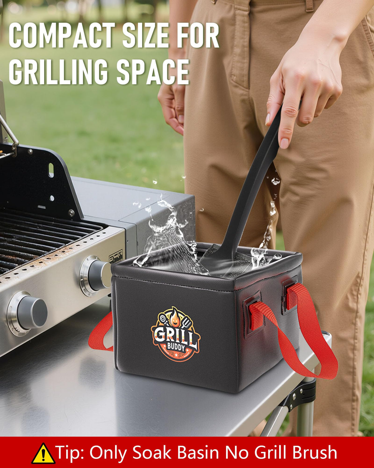 BS-VOG Dunk Tank shown as leak-proof square bucket ready beside the grill