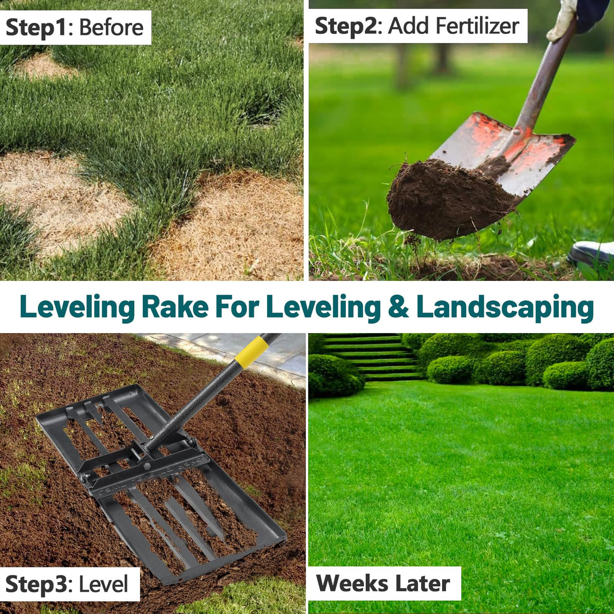 BsBsBest Lawn Leveling Rake side view showing smooth soil contact