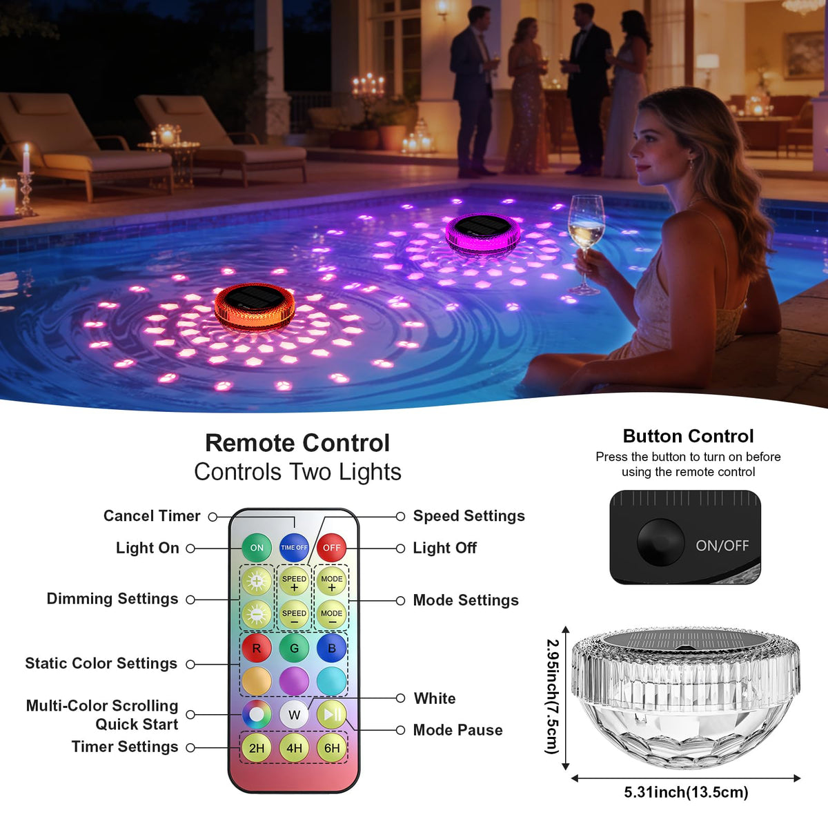 Bsgifts IP68 waterproof pool light floats securely for outdoor pool setups.