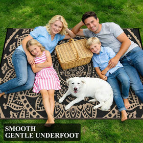 Bsmathom patio deck setup with rug under seating area