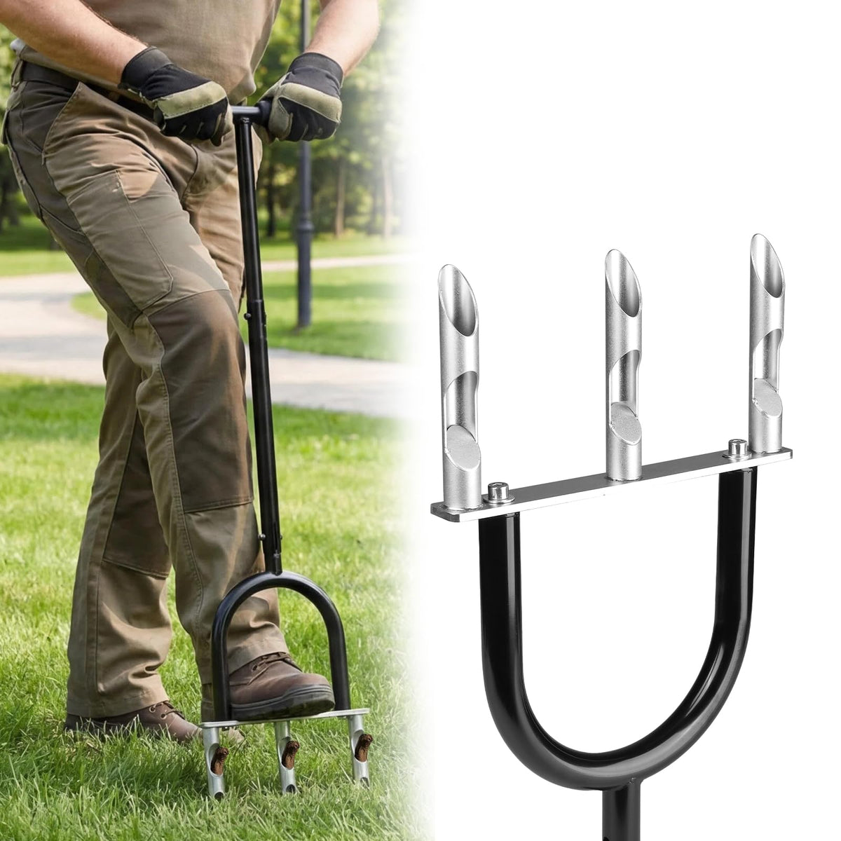 Bsteciar manual lawn aerator with three-tine core for efficient soil cores in small lawns.