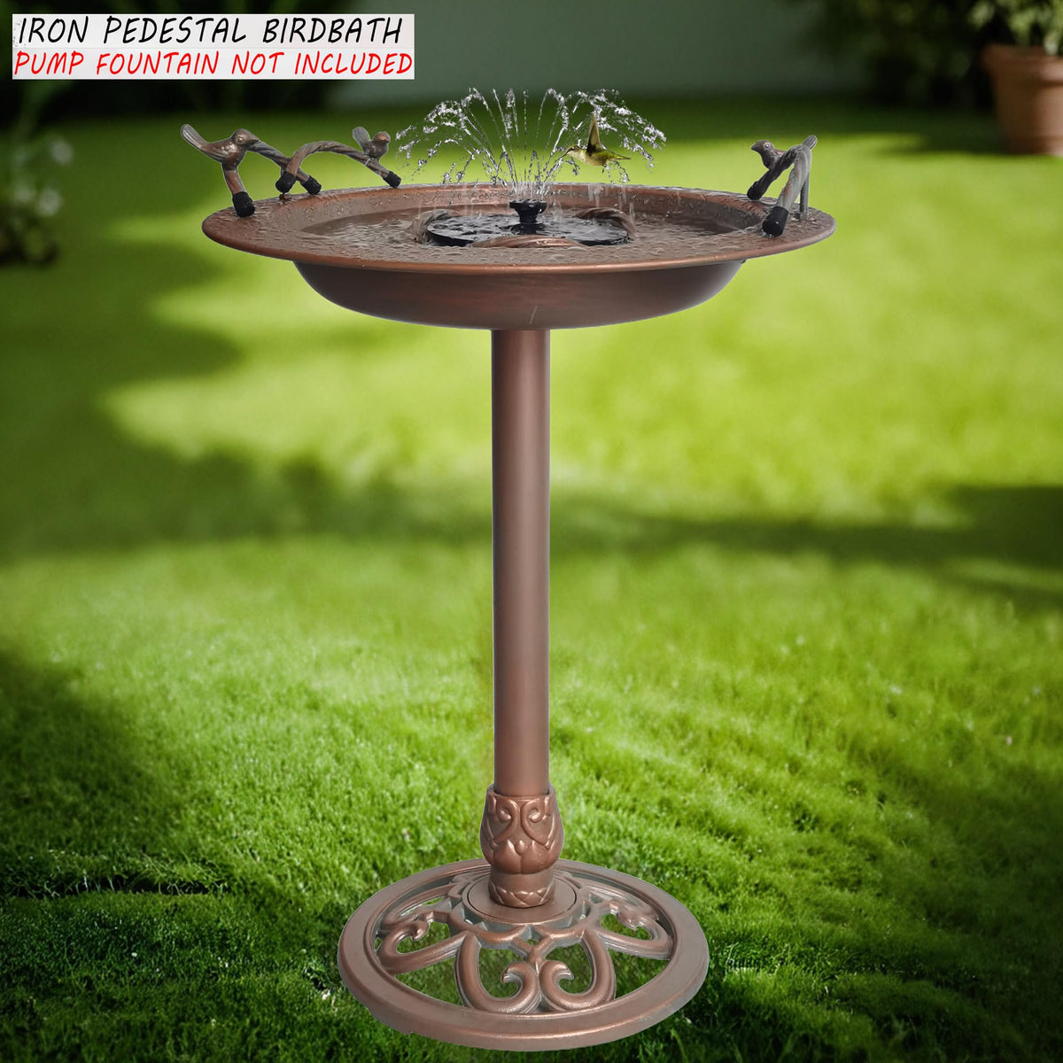 BSTGIFTS iron birdbath with durable base withstands wind and weather.