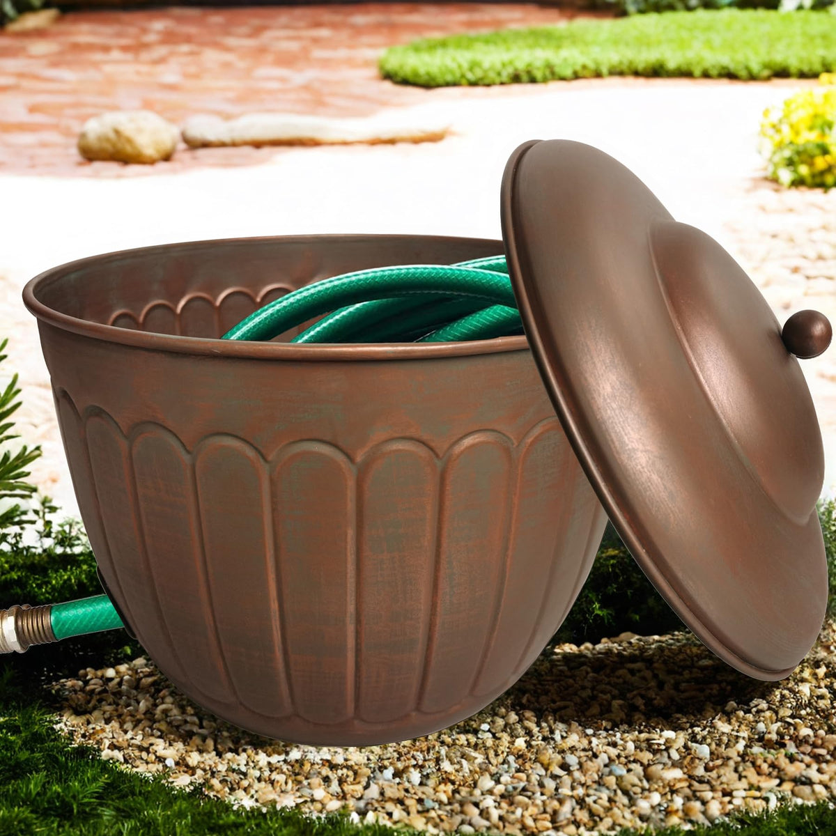 BSTGIFTS water hose hider in steel offers durable outdoor storage.