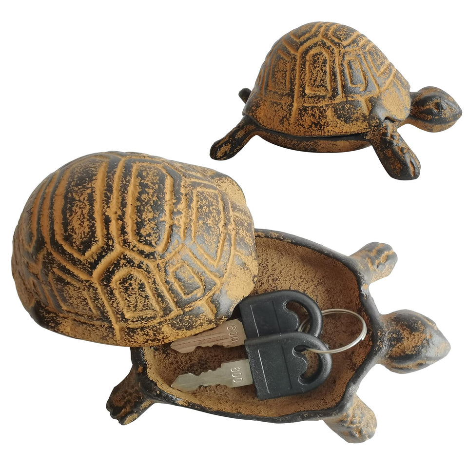 BSTWISH hide-a-key outside turtle box on the porch blends décor with spare-key storage.