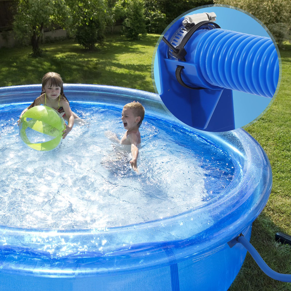 Blue BTANADI pool hose shown in full-length layout for setup reference.