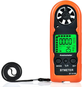 BTMETER BT-816B handheld anemometer with front view and backlight for clear outdoor readings.
