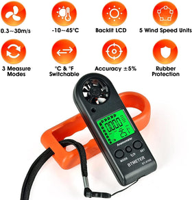 BTMETER BT-816B shows wind speed and temperature on an easy-to-read backlit LCD.