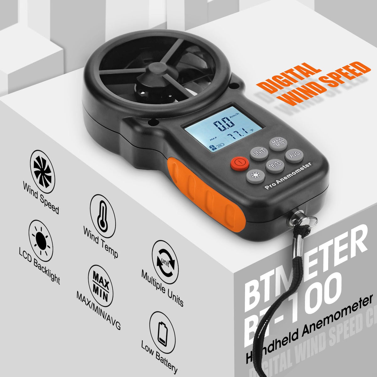 BTMETER BT-100 back view highlighting simple controls and grip