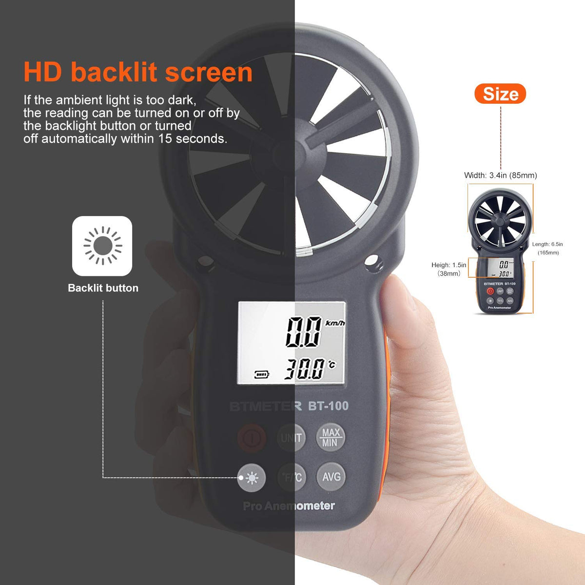 BTMETER BT-100 CFM calculation ready with duct area input