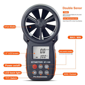 BTMETER BT-100 wind speed readout in mph, m/s, and knots