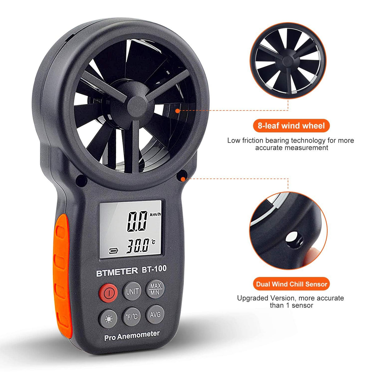 BTMETER BT-100 wind temperature readout from -10 to 60°C