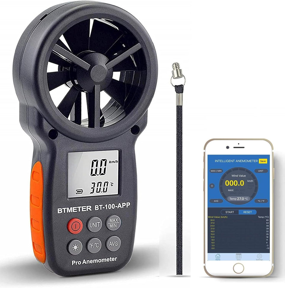 BTMETER BT-100APP anemometer with LCD display for quick wind speed readings.