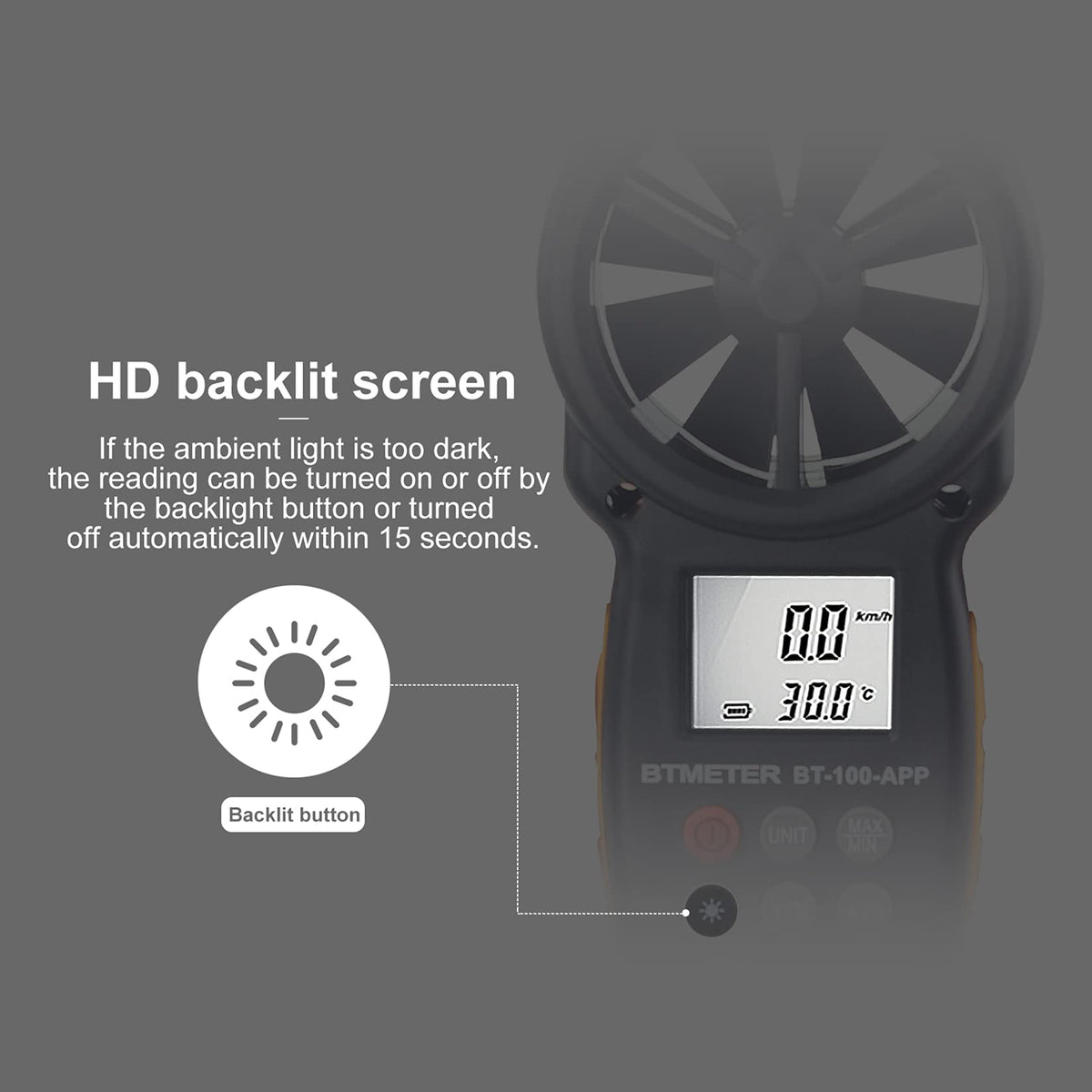 BTMETER BT-100APP backlit LCD for night or dawn readings.