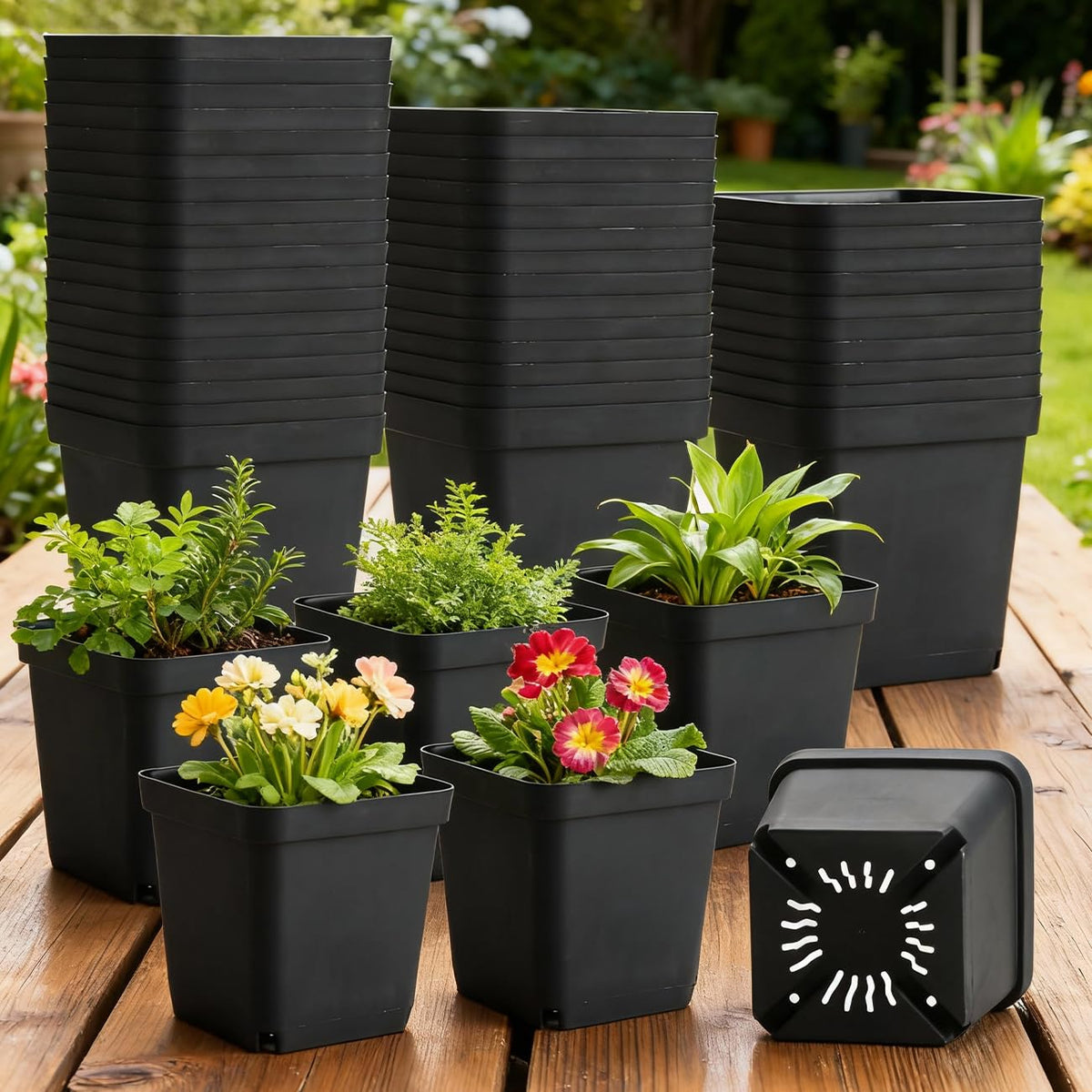 BTPLASTIK black square nursery pots for versatile garden use.