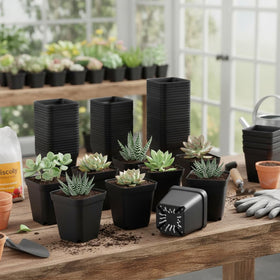 BTPLASTIK black nursery pots shown in a compact multi-pack for easy storage.