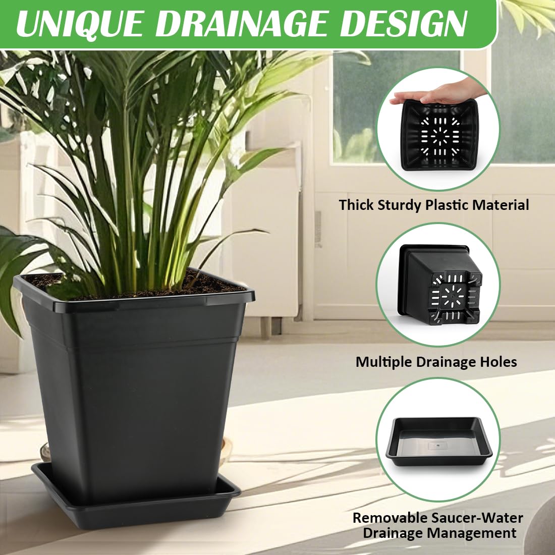 BTPLASTIK five-pack trays snug-fit beneath pots prevent leaks.