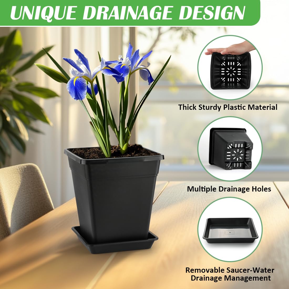 BTPLASTIK Square Planter drainage holes and saucer support clean water drainage.
