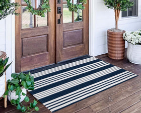 BUAGETUP blue and white striped outdoor rug with durable weave for entryways.