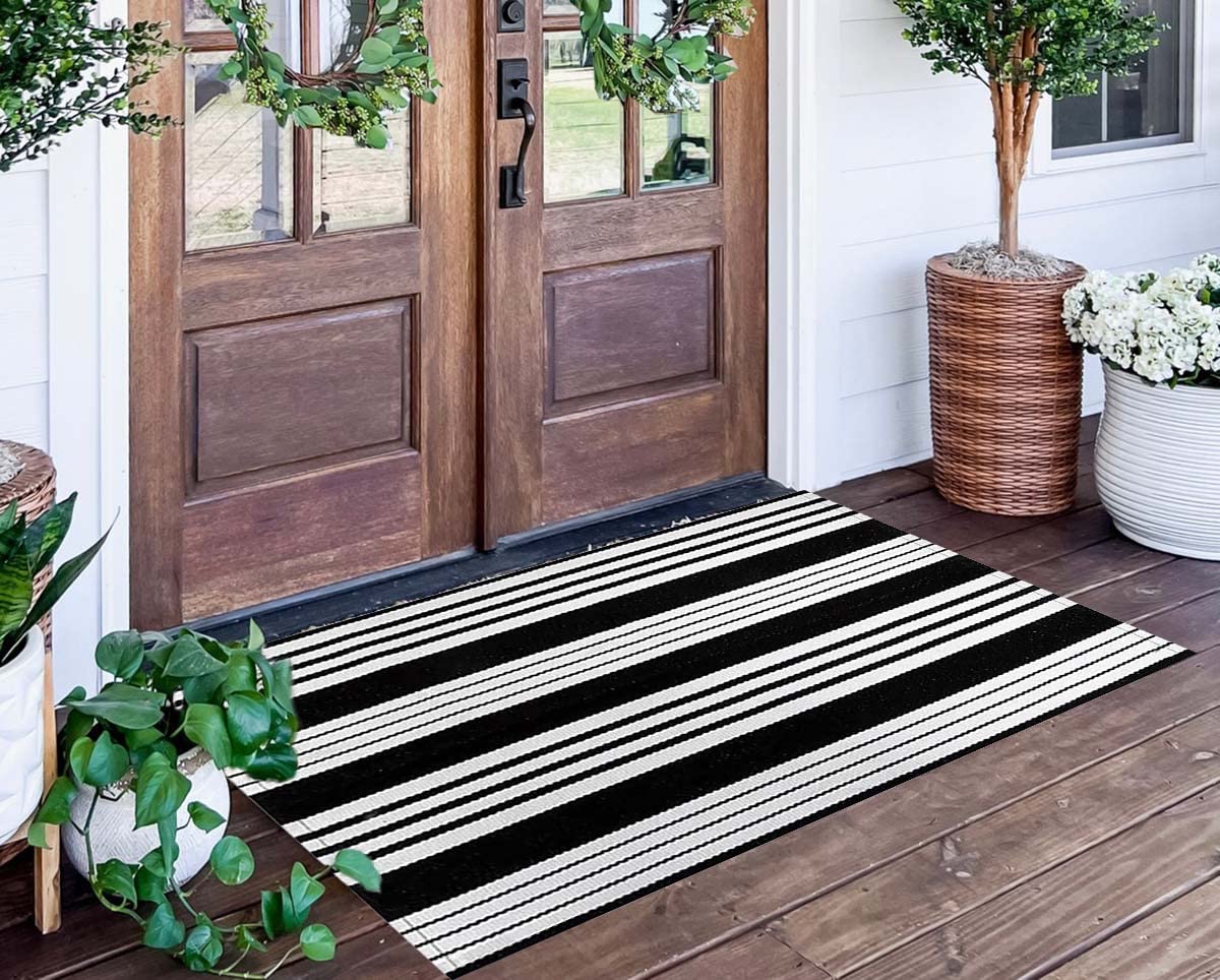 BUAGETUP striped outdoor rug highlights front porch style for a welcoming entry