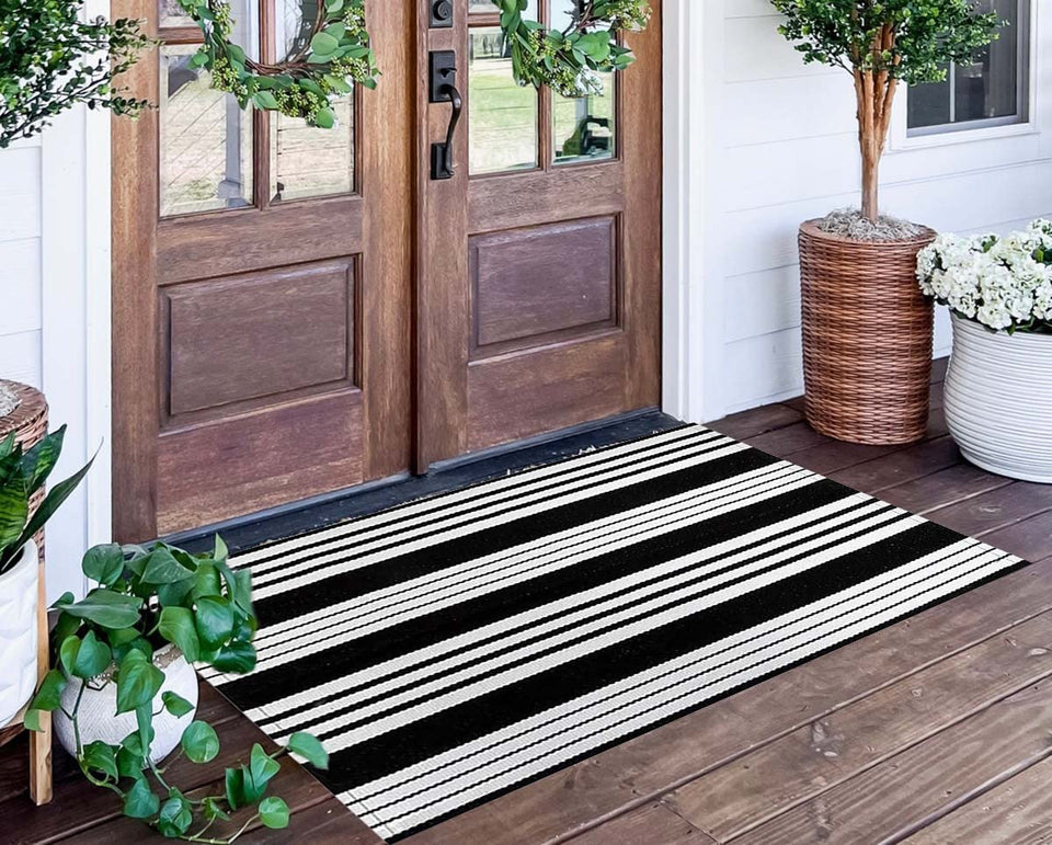 BUAGETUP striped outdoor rug highlights front porch style for a welcoming entry