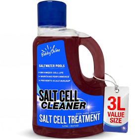 BubbyShine salt cell cleaner bottle front, ready for routine pool maintenance.