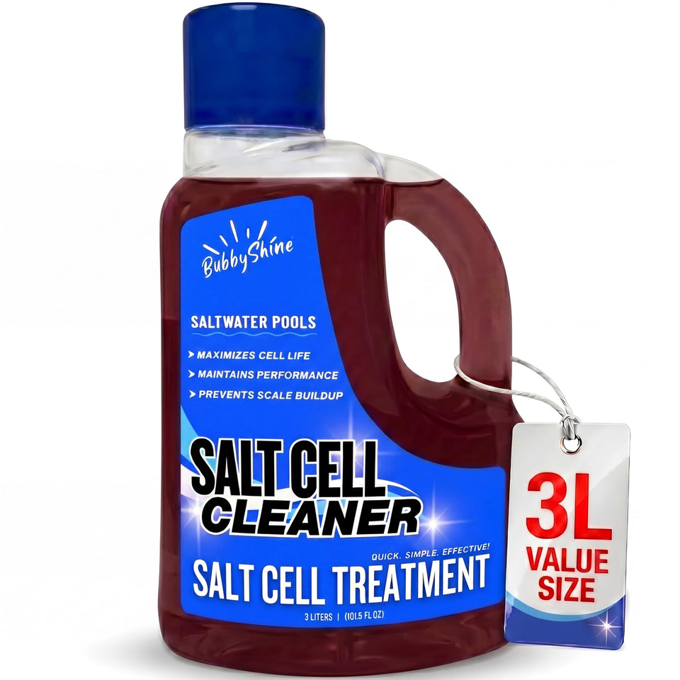 BubbyShine salt cell cleaner bottle front, ready for routine pool maintenance.
