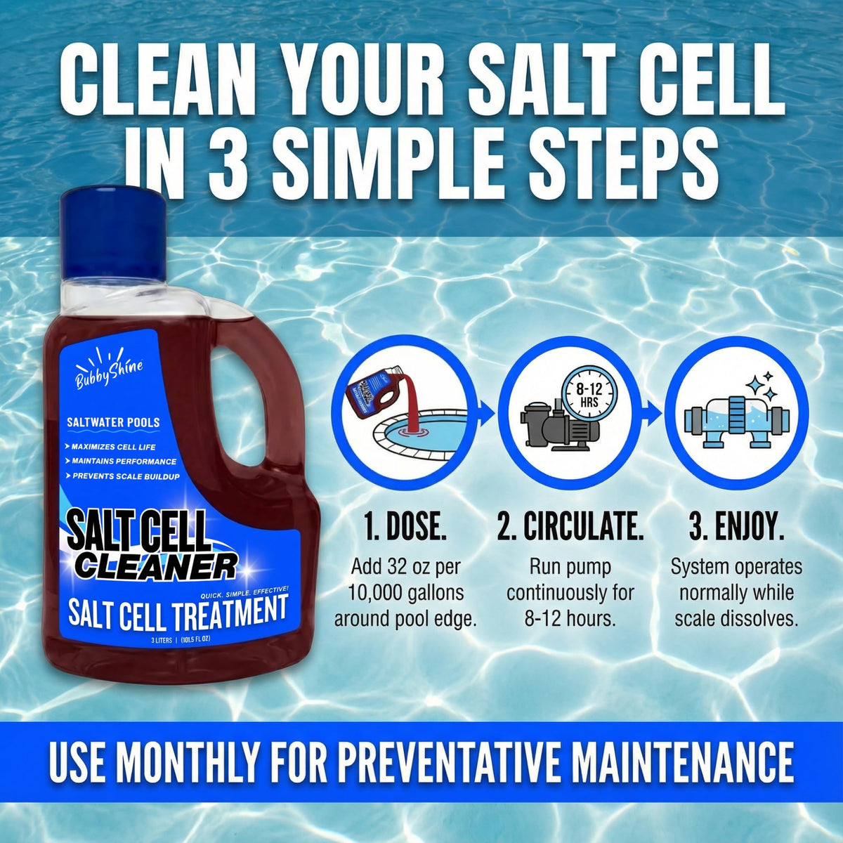 BubbyShine cleaner near pool equipment signals compatibility with SWG systems.