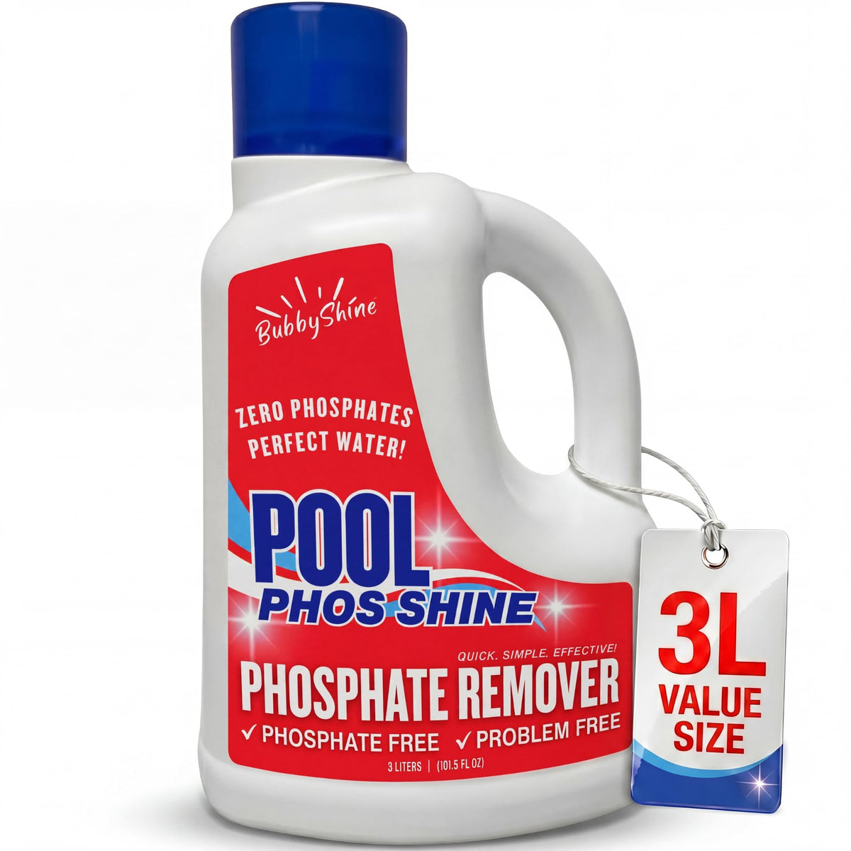 BubbyShine phosphate remover bottle being poured for weekly treatment