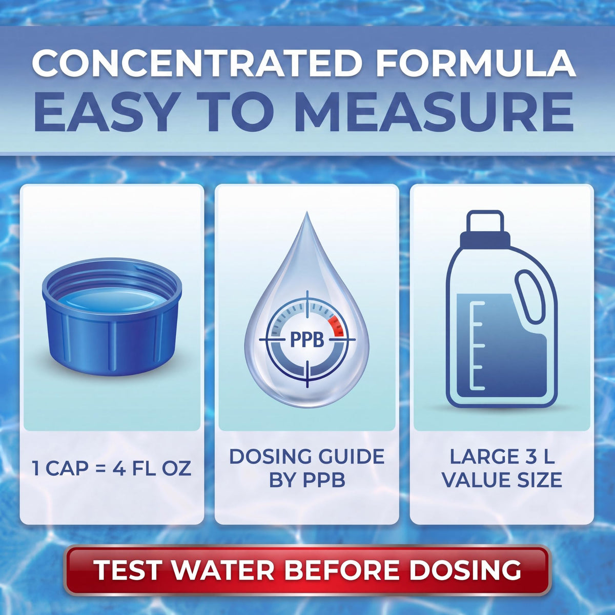 Label on phosphate remover showing ppb dosing chart for precise dosing
