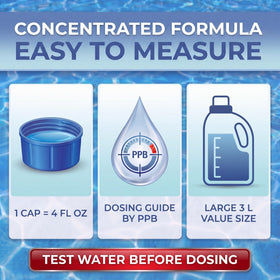 Label on phosphate remover showing ppb dosing chart for precise dosing