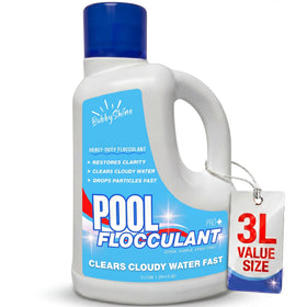 BubbyShine Pool Flocculant bottle helps fine particles settle for clearer water