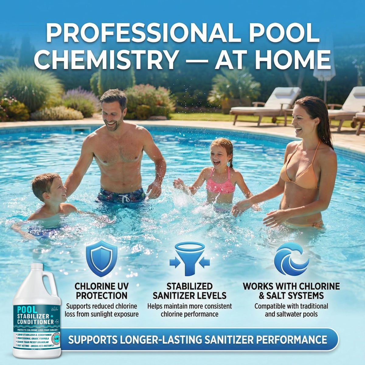 Pool chemistry setup featuring BubbyShine stabilizer integration